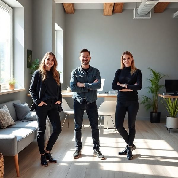 Trije člani ekipe Studio Novak v svetlem delovnem prostoru